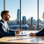 A professional adult female business executive and an experienced male business coach are seated at a sleek, modern conference table in a sunlit, contemporary office. They are focused on a large screen displaying complex business analytics and growth projections, with the executive pointing to a key metric while the coach provides guidance. Both individuals are fully clothed in tailored professional business attire, reflecting a modest and professional dress code. The background features a large panoramic window overlooking a vibrant, modern city, symbolizing growth and ambition. The atmosphere is collaborative and strategic. Professional photography, high resolution, clean aesthetics. Perfect anatomy, correct proportions, natural pose, well-formed hands, proper finger count, natural body proportions. Safe for work, appropriate content, family-friendly.