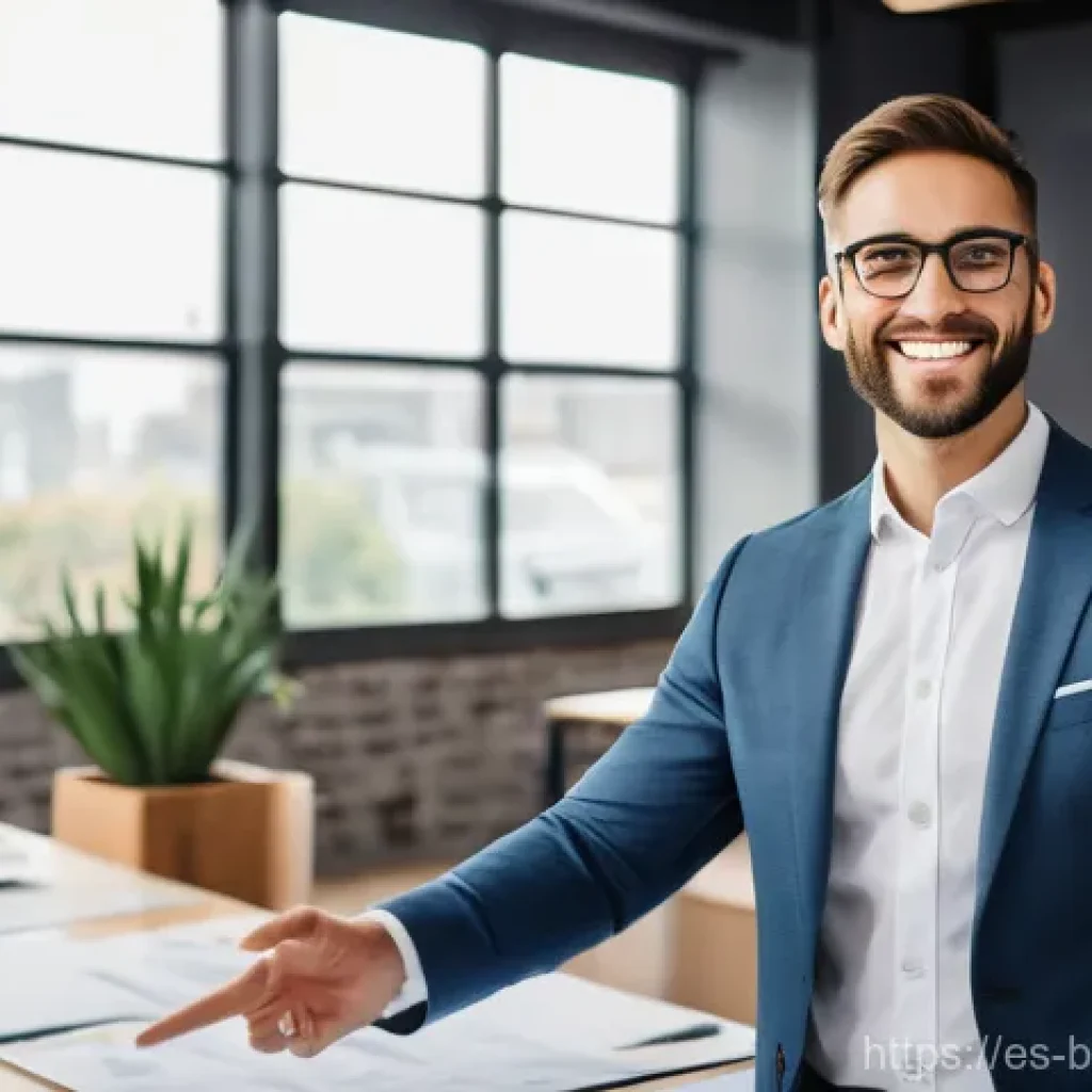 비즈니스 코칭과 커뮤니케이션 기술 - A successful, experienced business coach, warmly smiling and professionally dressed, stands beside a...