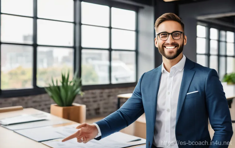 비즈니스 코칭과 커뮤니케이션 기술 - A successful, experienced business coach, warmly smiling and professionally dressed, stands beside a...