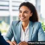 비즈니스 코칭 고객 만족도 높이는 법 - A professional female business coach with warm, empathetic eyes and a gentle smile, dressed in smart...