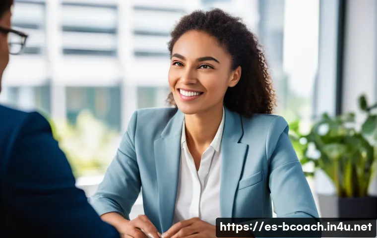 비즈니스 코칭 고객 만족도 높이는 법 - A professional female business coach with warm, empathetic eyes and a gentle smile, dressed in smart...