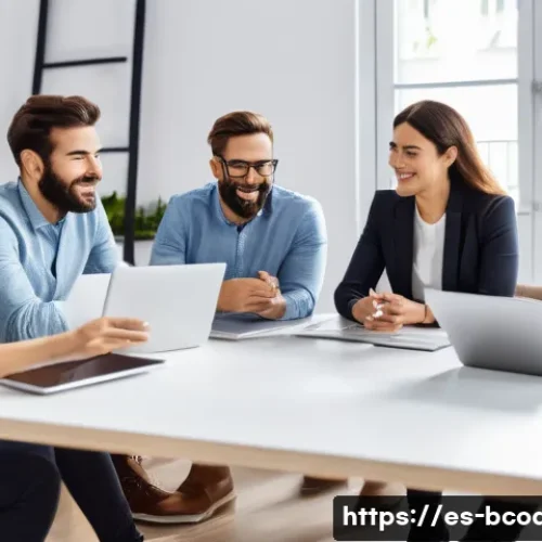 비즈니스 코칭과 리더십 개발 - A diverse team in a modern Spanish office setting actively engaging in a brainstorming session aroun...