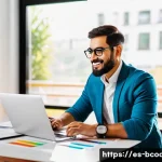 비즈니스 코칭 실무 워크북 추천 - A professional Spanish entrepreneur in a modern home office setting, actively engaging with a colorf...