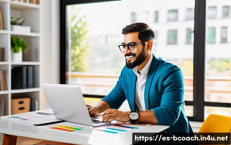 비즈니스 코칭 실무 워크북 추천 - A professional Spanish entrepreneur in a modern home office setting, actively engaging with a colorf...