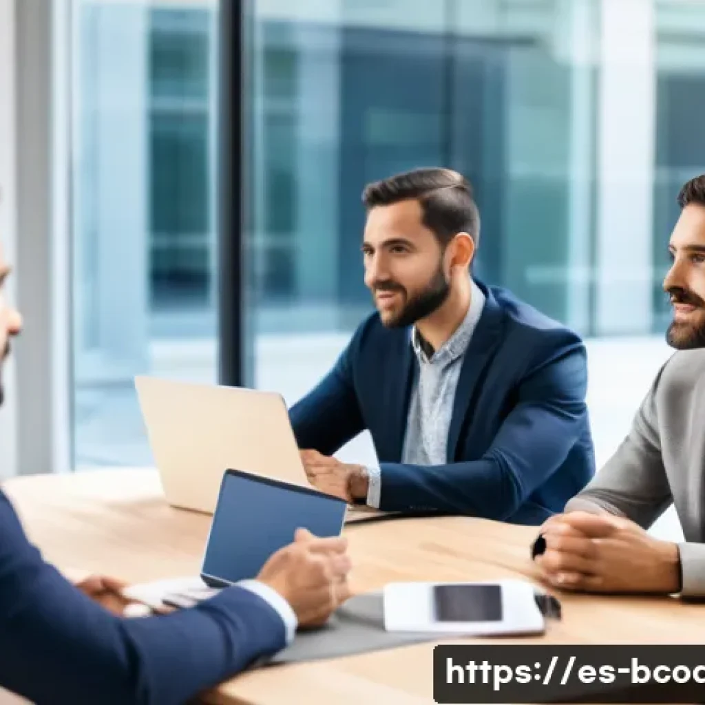 비즈니스 코칭과 자기 홍보 - A professional business meeting scene in a modern Spanish office setting, showing diverse profession...