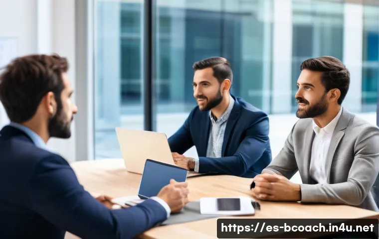 비즈니스 코칭과 자기 홍보 - A professional business meeting scene in a modern Spanish office setting, showing diverse profession...