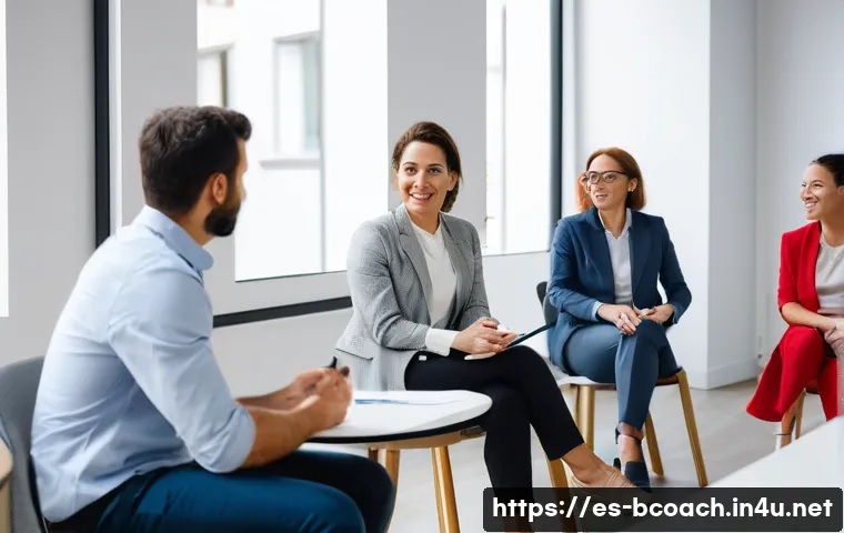 비즈니스 코칭 실습 모임 추천 - A diverse group of professional coaches engaged in a dynamic in-person workshop in a modern Madrid o...