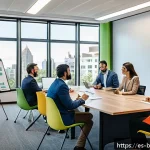 비즈니스 코칭 워크샵 운영 가이드 - A diverse professional workshop scene set in a modern, well-lit conference room in a Latin American ...