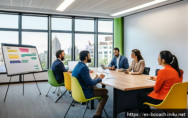 비즈니스 코칭 워크샵 운영 가이드 - A diverse professional workshop scene set in a modern, well-lit conference room in a Latin American ...