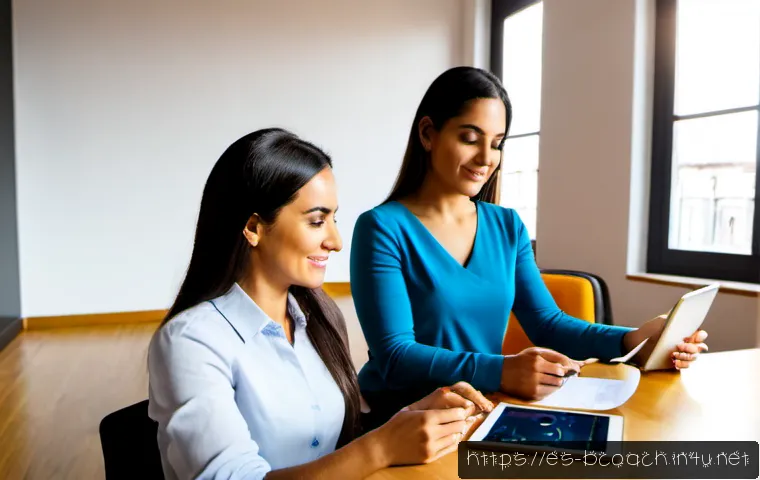 Home 17 비즈니스 코칭과 지속 가능한 성장 - Photorealistic business coaching session in a bright modern office in Madrid, an experienced Hispani...